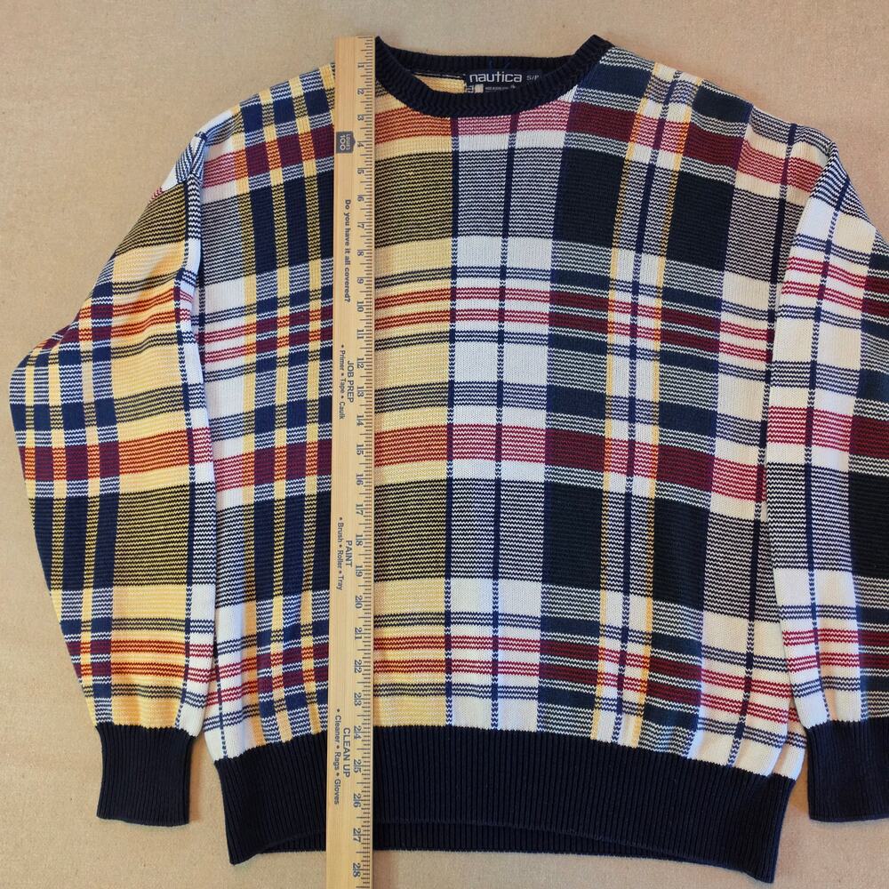 Nautica Vintage 90s Men's Plaid Multicolor Grandpa Sweater 100% Cotton Sz Small - Picture 3 of 7